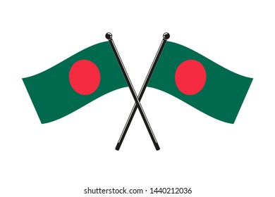 national flag of Bangladesh in the original colours crossed and on the stick