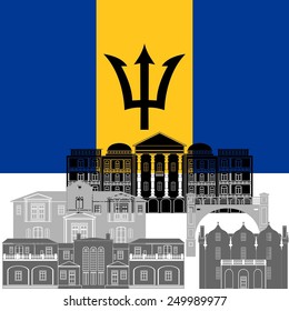 The national flag of the Barbados and the contour image of architectural landmarks of this country. Illustration on white background.