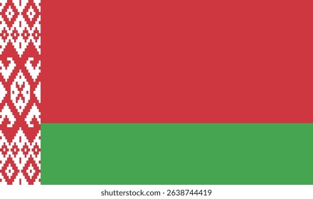 National flag of Belarus, a country in Eastern Europe. Red and green stripes with a traditional red pattern at the hoist.