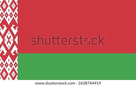 National flag of Belarus, a country in Eastern Europe. Red and green stripes with a traditional red pattern at the hoist.