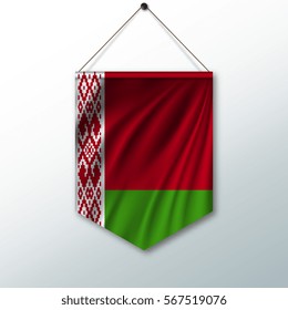 The national flag of Belarus. The symbol of the state in the pennant hanging on the rope. Realistic vector illustration.