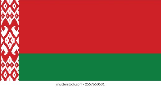 The national flag of Belarus is an unequal red-green bicolour with a red-on-white ornament pattern placed at the hoist (staff) end