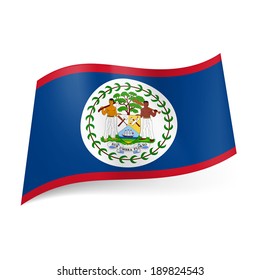 National flag of Belize: blue field with red upper and lower border with coat-of-arms in centre 
