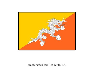 The national flag of Bhutan features a vibrant yellow and orange design with a dragon, symbolizing the country's strength and heritage. It flies prominently against a clear blue sky.