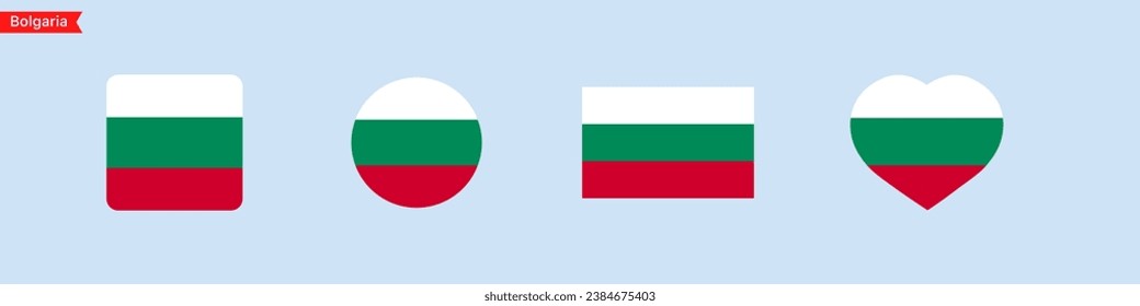 National flag of Bolgaria. Bolgaria flag icons in the shape of square, circle, heart. Isolated flags for language selection. Vector icons