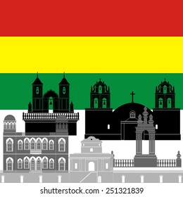The national flag of the Bolivia and the contour image of architectural landmarks of this country. Illustration on white background.