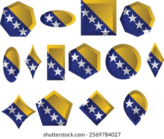 The national flag of Bosnia and Herzegovina contains a medium blue field with a yellow right triangle separating said field, and there are seven full five-pointed white stars