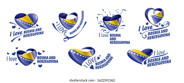 National flag of the Bosnia and Herzegovina in the shape of a heart and the inscription I love Bosnia and Herzegovina. Vector illustration