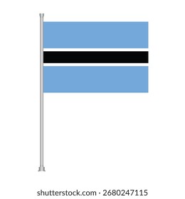 La bandera nacional de Botsuana, con Horizontales franjas de azul celeste, negro y azul celeste, se muestra en un asta de la bandera sobre un fondo blanco.
