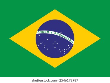 A bandeira nacional do Brasil é um disco azul representando um céu estrelado, atravessado por uma faixa curva inscrita com o lema nacional Ordem e Progresso dentro de um losango amarelo, em um campo verde