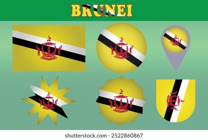 National Flag of Brunei vector featuring a striking yellow backdrop with the black and white diagonal stripes, symbolizing peace, prosperity, and royal heritage.