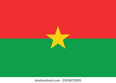 The national flag of Burkina Faso is formed by two equal horizontal bands of red (top) and green, with a yellow five-pointed star resting in the center