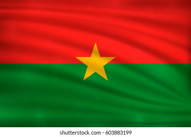 The national flag of Burkina Faso on wavy silk background with bokeh lights. Realistic vector illustration.