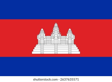 National flag of Cambodia with Angkor Wat temple silhouette. Vector illustration.
