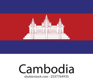 The national flag of Cambodia features three horizontal stripes of blue, red, and blue with a white depiction of Angkor Wat, a prominent temple complex, in the center.