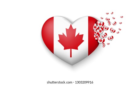 National flag of Canada in heart illustration. With love to Canada country. The national flag of Canada fly out small hearts on white background