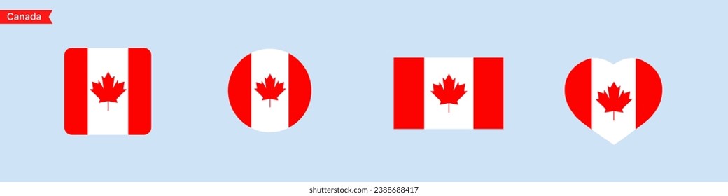 National flag of Canada. Flag icons for language selection. Canada flag in the shape of a square, circle, heart. Vector icons