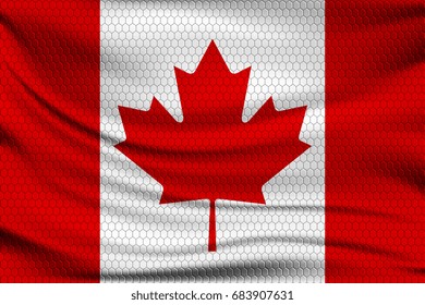 National flag of Canada on wavy fabric with a volumetric pattern of hexagons. Vector illustration.