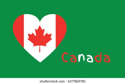 National flag of Canada in the shape of a heart with red and white text on the green background, vector card with copy space for you design.