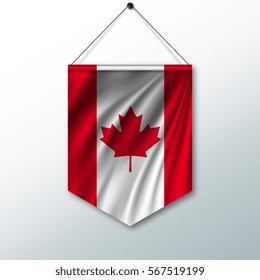 The national flag of Canada. The symbol of the state in the pennant hanging on the rope. Realistic vector illustration.