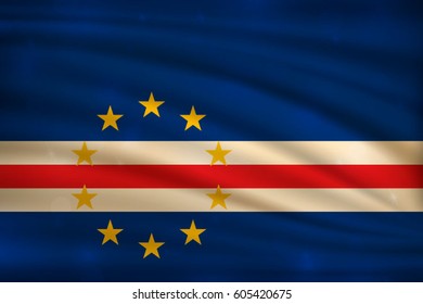 The national flag of Cape Verde on wavy silk background with bokeh lights. Realistic vector illustration.