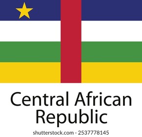 Bandeira nacional da República Centro-Africana, com uma faixa horizontal azul, branca e verde, com uma faixa vertical vermelha no centro e uma estrela amarela na faixa azul.