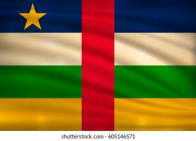 The national flag of Central African Republic on wavy silk background with bokeh lights. Realistic vector illustration.