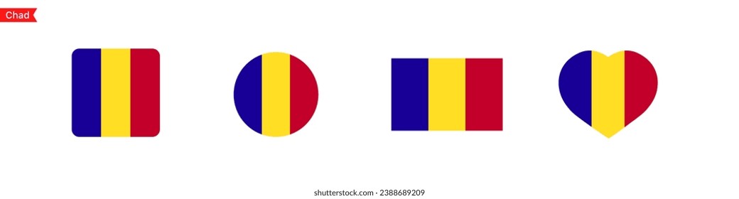 National flag of Chad. Isolated flag symbols for language selection. Chad flag icons in the shape of a square, circle, heart. Vector icons