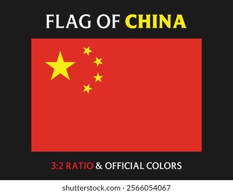 National flag of China with official colors and 3:2 aspect ratio, Vector illustration of China flag badge, China flag drawing with correct proportions, Accurate dimensions vector image drawing eps 10