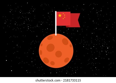 National flag of China is waving on the Mars - planet is explored and colonized by country. Chinese colonization and exploration of outer space, cosmos. Vector illustration.