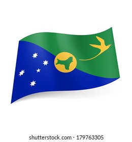 National flag of Christmas Island: blue and green diagonal fields with white stars and blue bird, island shape in centre 
