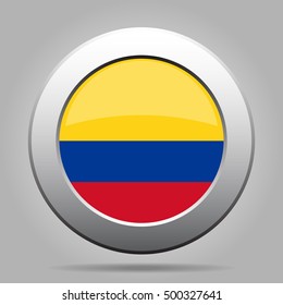 National flag of Colombia. Shiny metal gray round button with shadow.