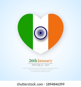 National flag color heart shaped with Ashoka Wheel for Happy Indian Republic Day celebration.