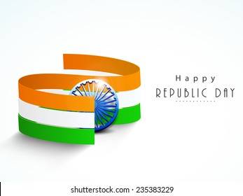 National flag color stripes with shiny Ashoka Wheel for Happy Indian Republic Day celebration concept.