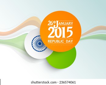 National flag colors sticky design with text 26th January 2015 and Ashoka Wheel on tricolor waves decorated blue background for Indian Republic Day celebrations. 