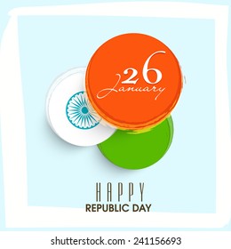 National flag colors sticky design with Ashoka Wheel and text 26 January on sky blue background for Indian Republic Day celebration.