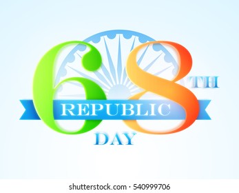 National Flag Colours Text 68th with Ribbon on Ashoka Wheel decorated background for Indian Republic Day celebration.
