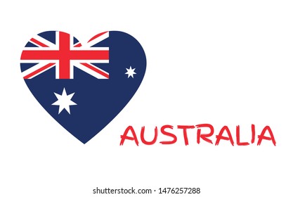 National flag of the Commonwealth of Australia in the shape of a heart with red text on the white background, vector greeting card with copy space.