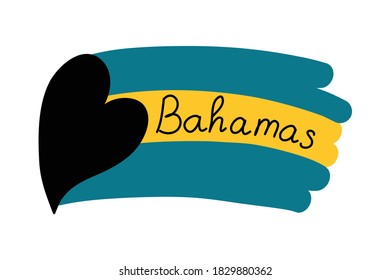 National flag of the Commonwealth of the Bahamas with black heart, vector illustration handwritten on a white background. Stylized Bahamas flag, with love from the Bohamas