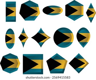 The national flag of the Commonwealth of The Bahamas consists of a black triangle situated at the hoist with three horizontal bands: aquamarine, gold and aquamarine.