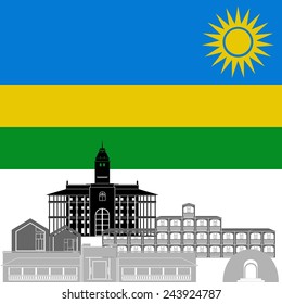 The national flag of the country and the contour image of architectural attractions of this country. Illustration on white background.