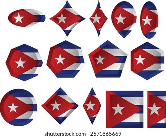 The national flag of Cuba consists of five alternating stripes (three navy blue and two white) and a cherry red chevron at the hoist, within which is a white five-pointed star