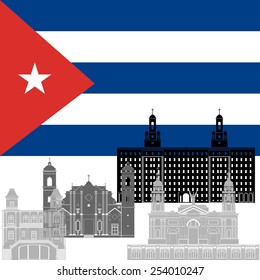 The national flag of the Cuba and the contour image of architectural landmarks of this country. Illustration on white background.