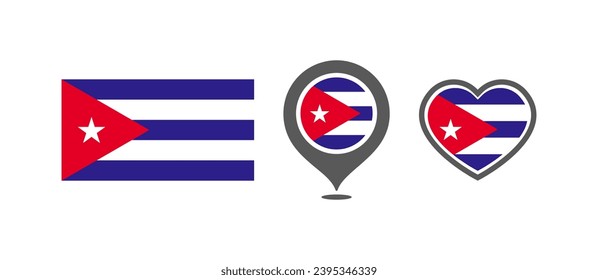 National flag of the Cuba. Flag in the shape of rectangles, location marks, hearts. Cuba national flag for language selection design. Vector icons