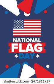 National Flag Day in United States. American Flag day. Holiday celebrated annual June 14 in USA. Patriotic style design. Poster, greeting card, banner and background. Vector illustration