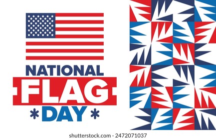 National Flag Day in United States. American Flag day. Holiday celebrated annual June 14 in USA. Patriotic style design. Poster, greeting card, banner and background. Vector illustration