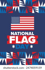 National Flag Day in United States. American Flag day. Holiday celebrated annual June 14 in USA. Patriotic style design. Poster, greeting card, banner and background. Vector illustration