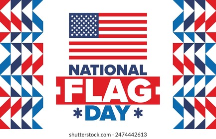 National Flag Day in United States. American Flag day. Holiday celebrated annual June 14 in USA. Patriotic style design. Poster, greeting card, banner and background. Vector illustration