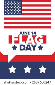 National Flag Day in United States. Holiday celebrated annual June 14 in USA. Patriotic style design with american flag. Poster, greeting card, banner and background. Vector illustration