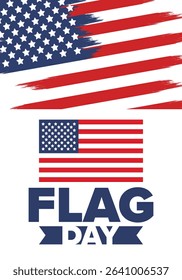 National Flag Day in United States. Holiday celebrated annual June 14 in USA. Patriotic style design with american flag. Poster, greeting card, banner and background. Vector illustration